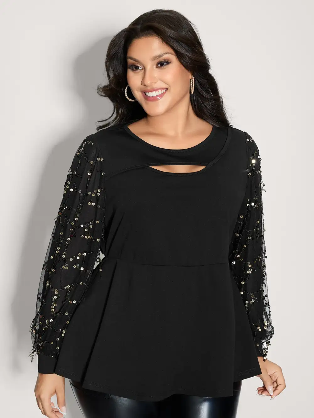 Sequin Sleeve Cut-Out Neck Top