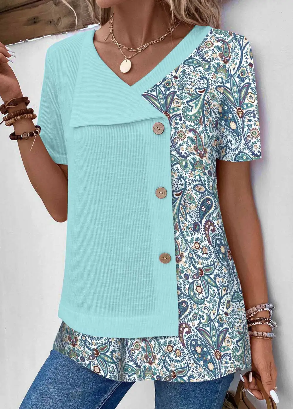 Patchwork Floral Print V Neck T Shirt