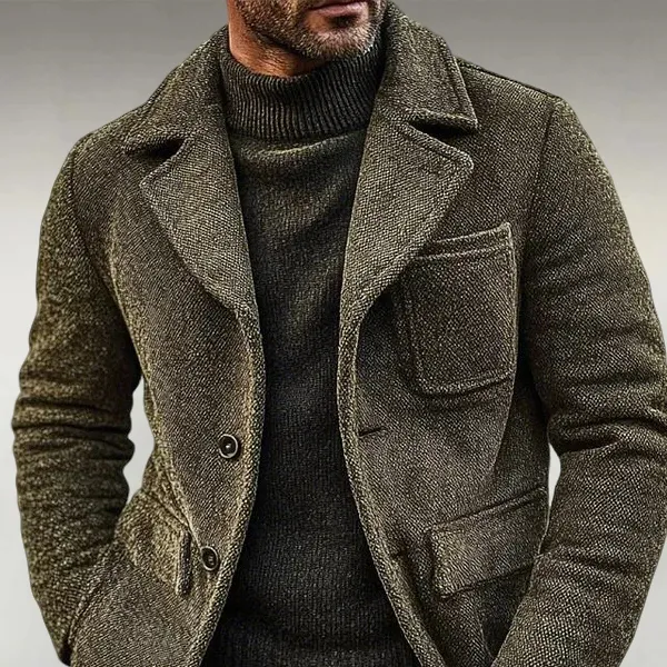 Men's Retro Army Green Tweed Single Breasted Notch Lapel Chest Pocket Long Sleeve Jacket