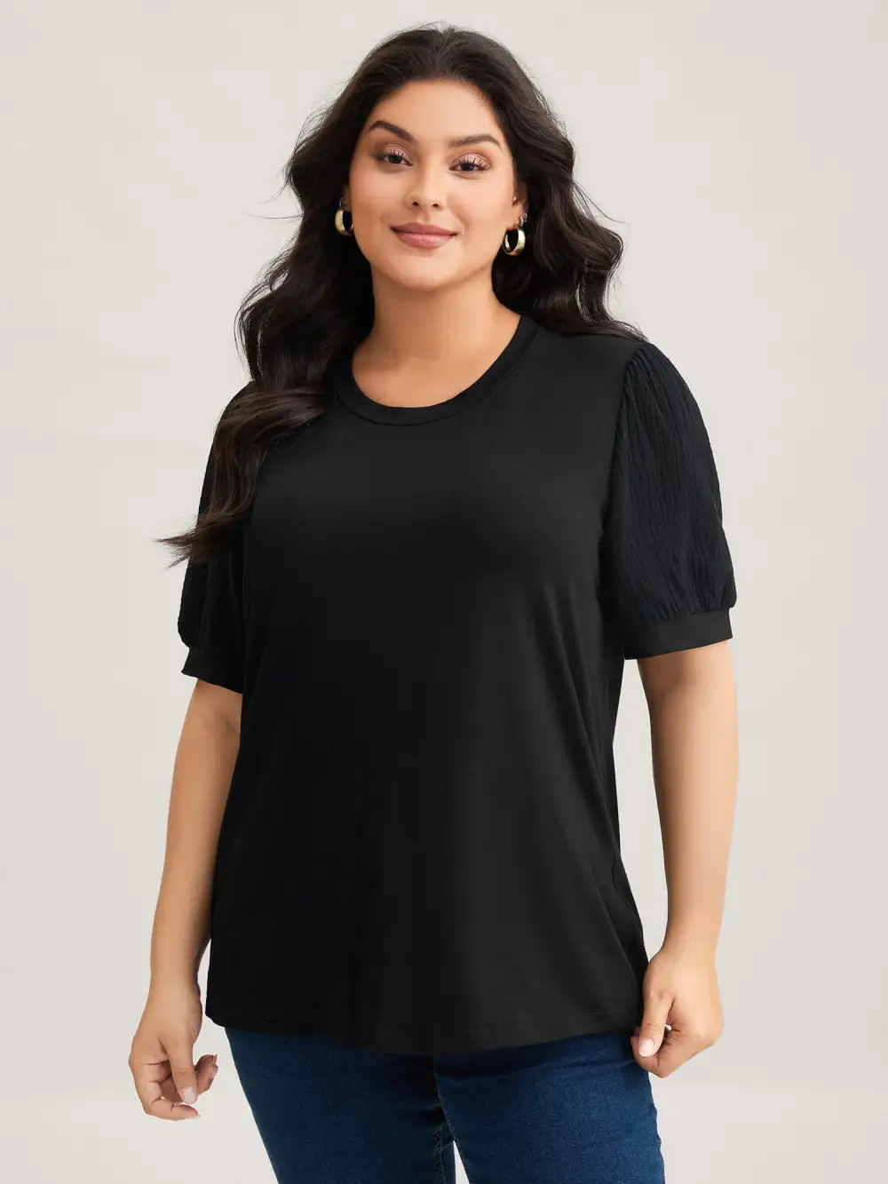 Plain Textured Patchwork Lantern Sleeve T-Shirt