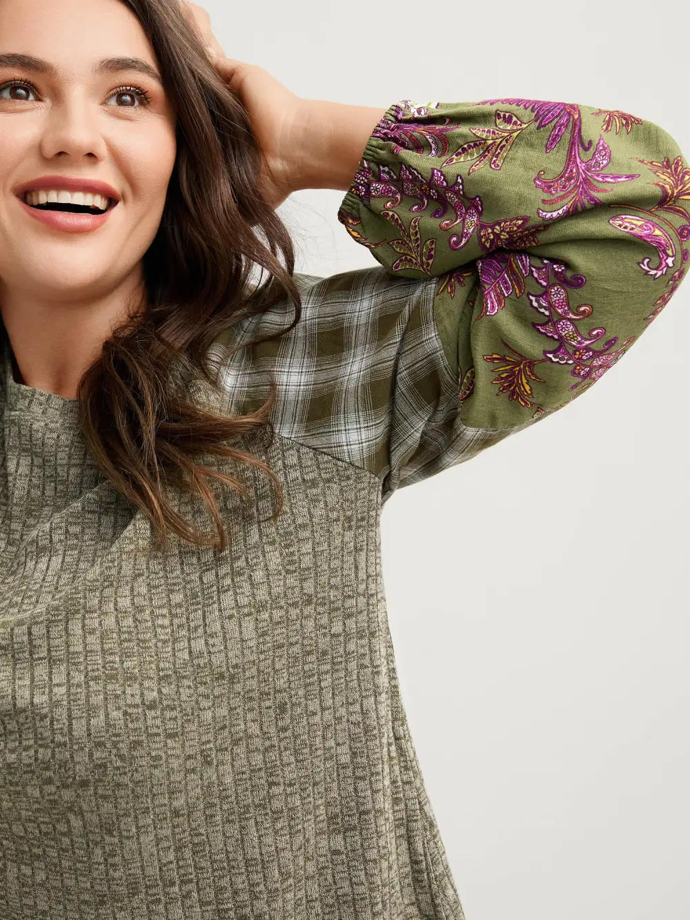 Plaid Sleeve Color Contrast Textured Sweatshirt