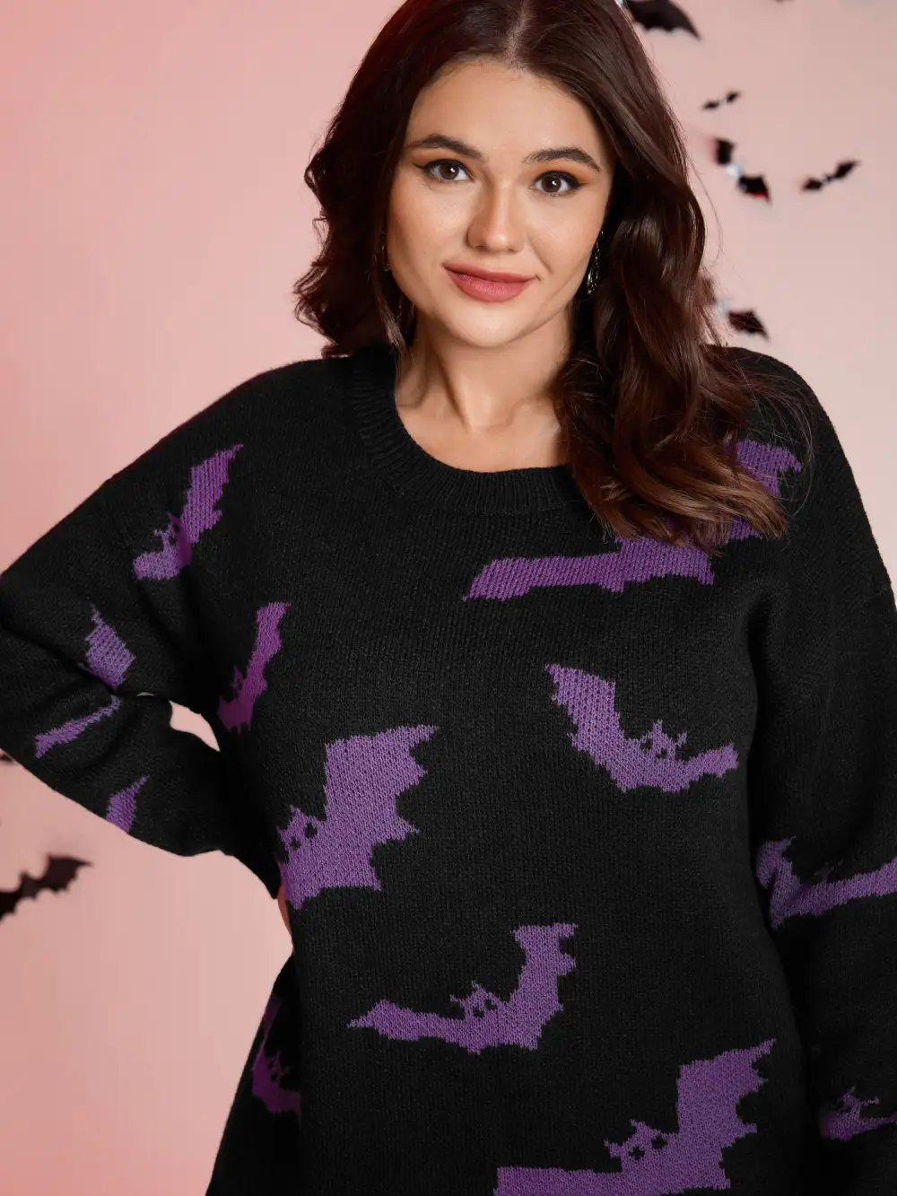 Bat Pattern Ribbed Neck Pullover