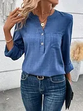 Women's Shirt Solid Color Stylish Casual Long Sleeve V Neck Regular Tops Daily Buttons Red Blue Gray Summer Spring Fall