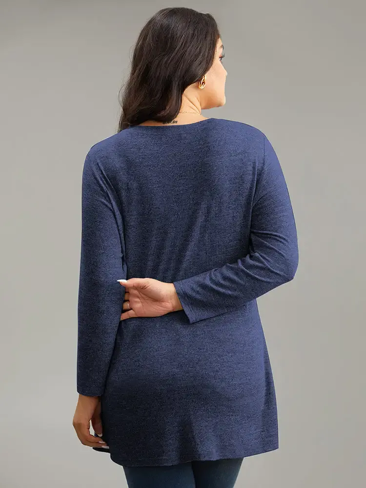 Contrast Patchwork Crew Neck Button Detail T-Shirt