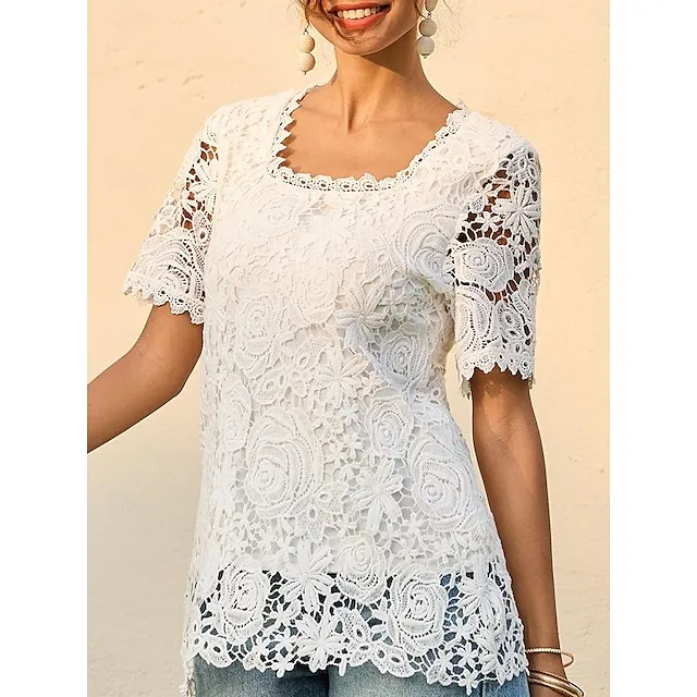 Women's Lace Blouse Floral Pattern White Square Neckline Short Sleeve Casual Elegant Spring Summer