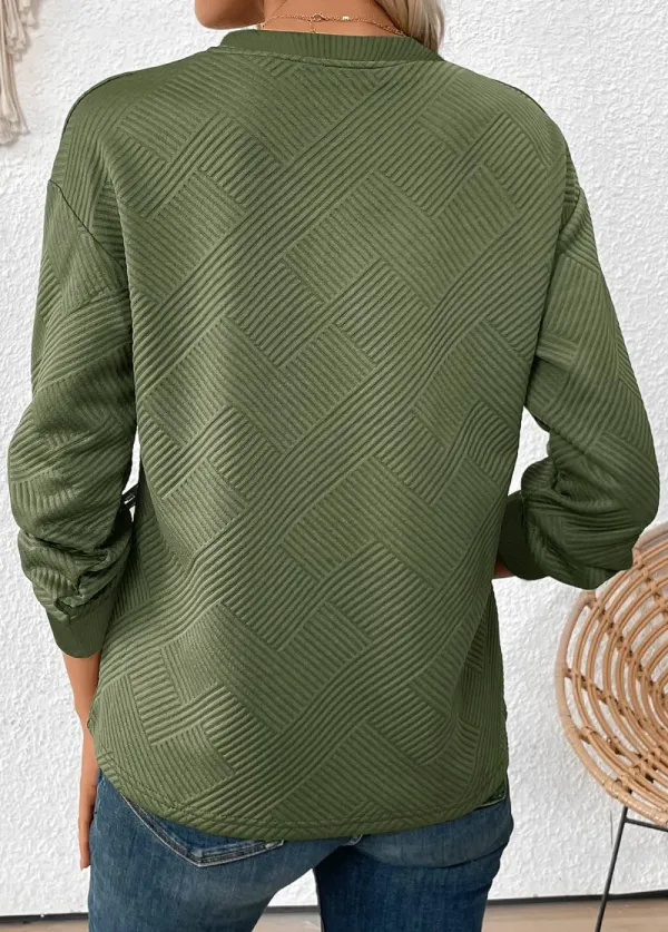 Olive Green Jacquard Long Sleeve Round Neck Sweatshirt