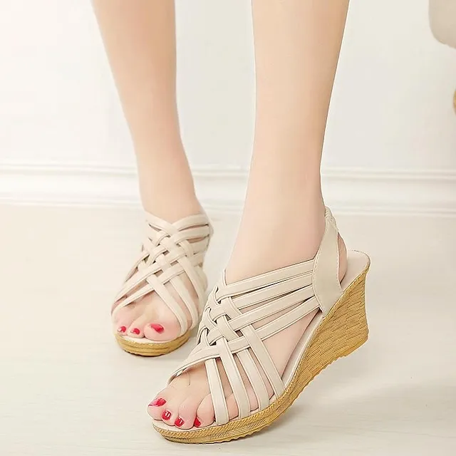 Women's Sandals Wedge Sandals Braided Sandals Party Daily Wedge Heel Open Toe Elegant Casual Faux Leather Elastic Band Braided Black White Brown