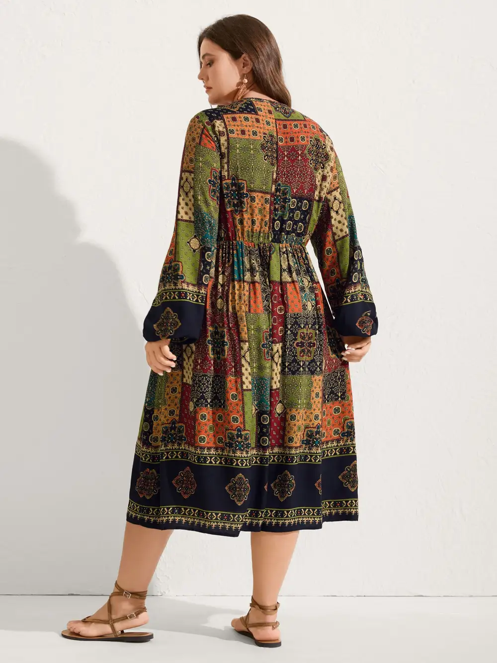 Retro Colorful Print V-Neck Midi Dress