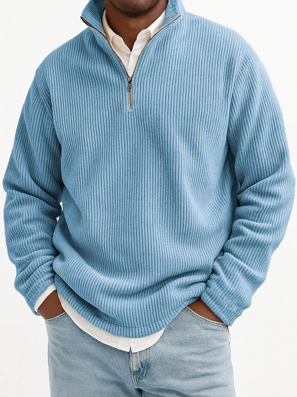Men's Stylish Quarter-Zip Corduroy Ribbed Polo Sweatshirt