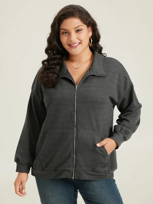 Lapel Collar Zip-Front Pockets Jacket