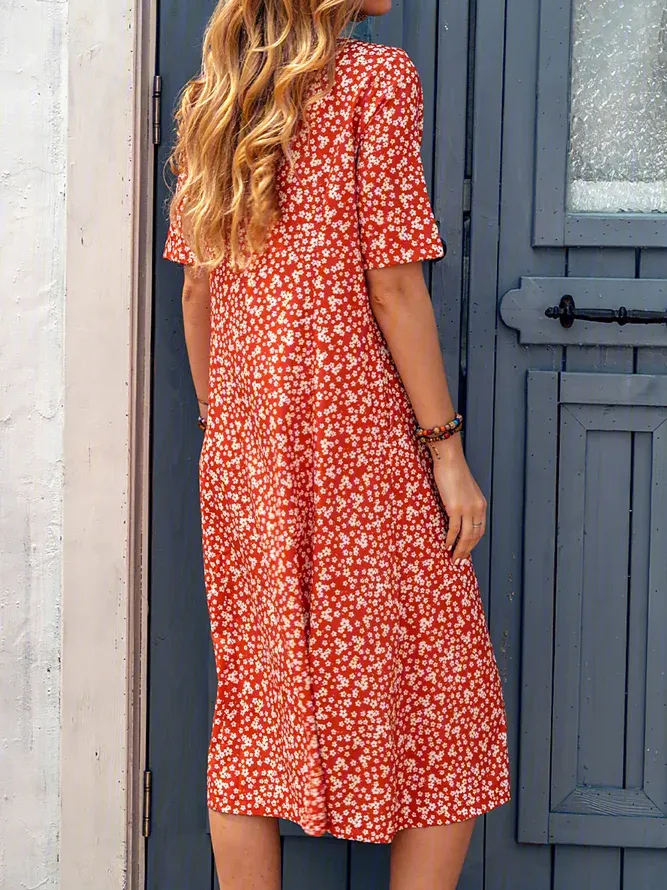 Floral Printed Crew Neck Pockets Short Sleeve Casual Midi Shirt Dress
