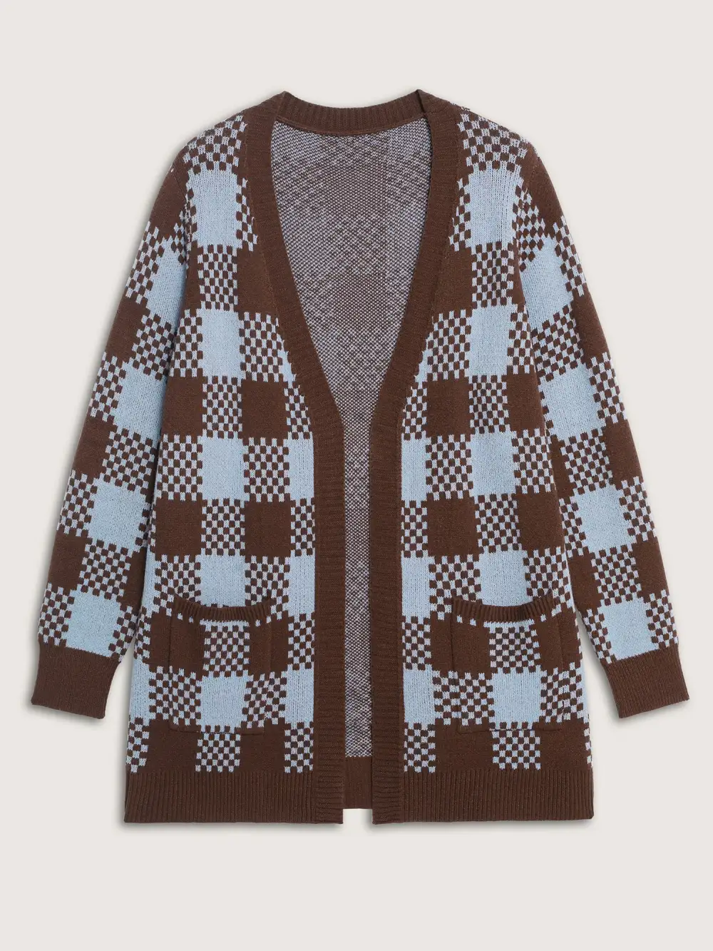 Checkered Pattern Pockets Knit Cardigan
