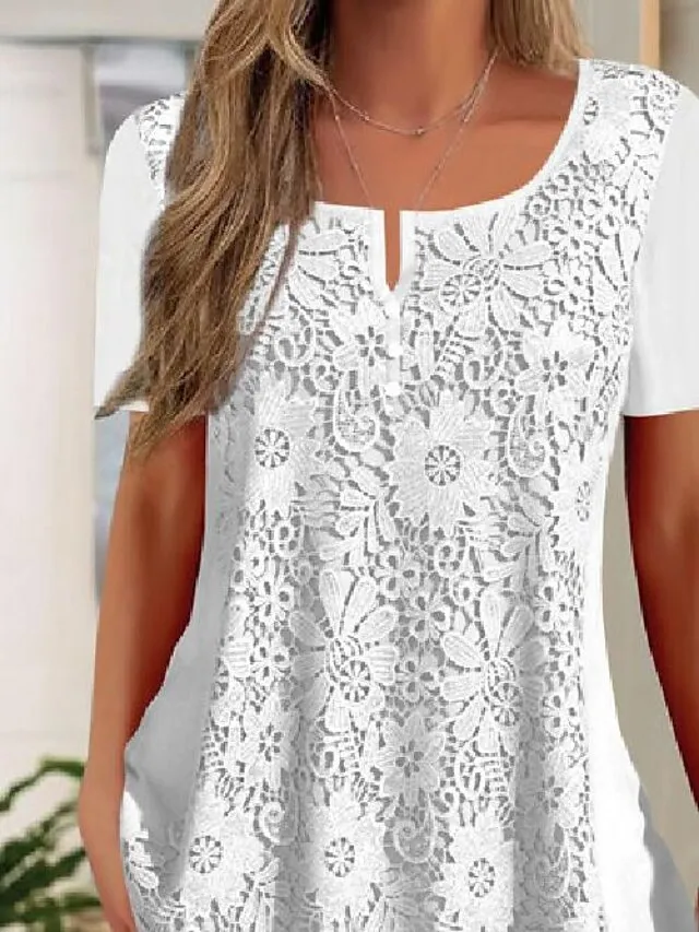 Women's Lace Shirt Shirt Blouse Plain Casual White Lace Short Sleeve Basic V Neck Regular Fit