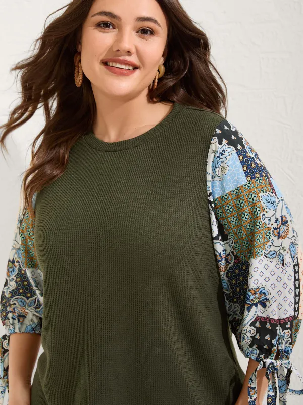 Boho Print Ribbed Sleeve Tie Sweatshirt