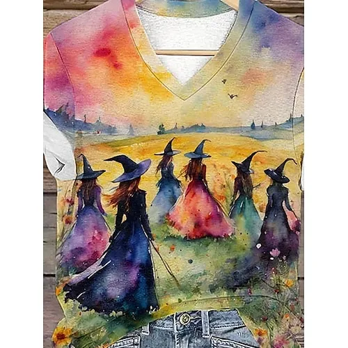 Women's Halloween Sweatshirt Pullover Witch Halloween Print Yellow Casual Crew Neck Long Sleeve Top Micro-elastic Spring Fall & Winter