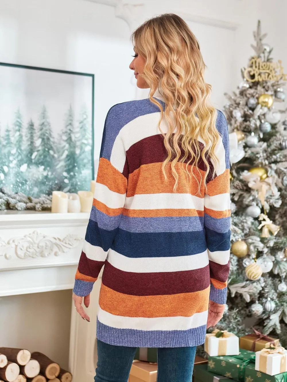 Cardigan Sweaters for Women Lightweight Fall Color Block Striped Long Sleeve Open Front Cozy Knitted Coats Outwear