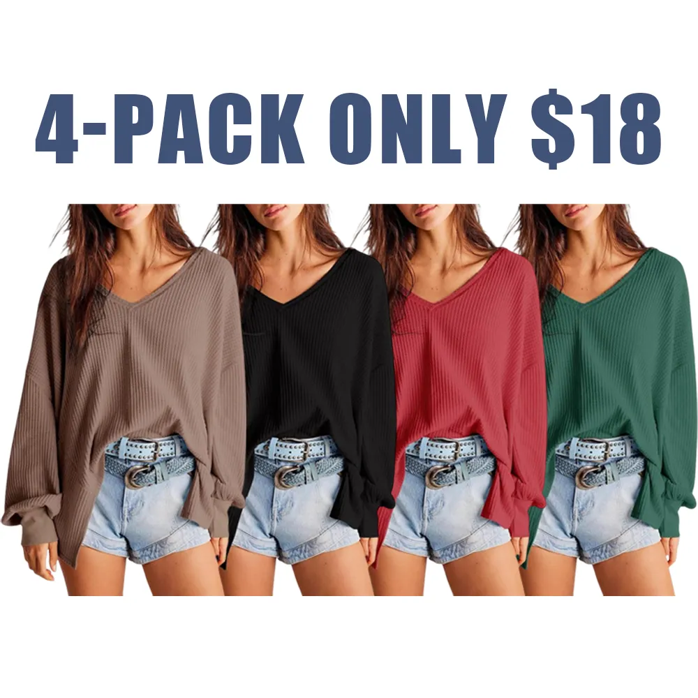 Women's Waffle Knit Top – V-Neck Oversized Lantern Sleeve Blouse