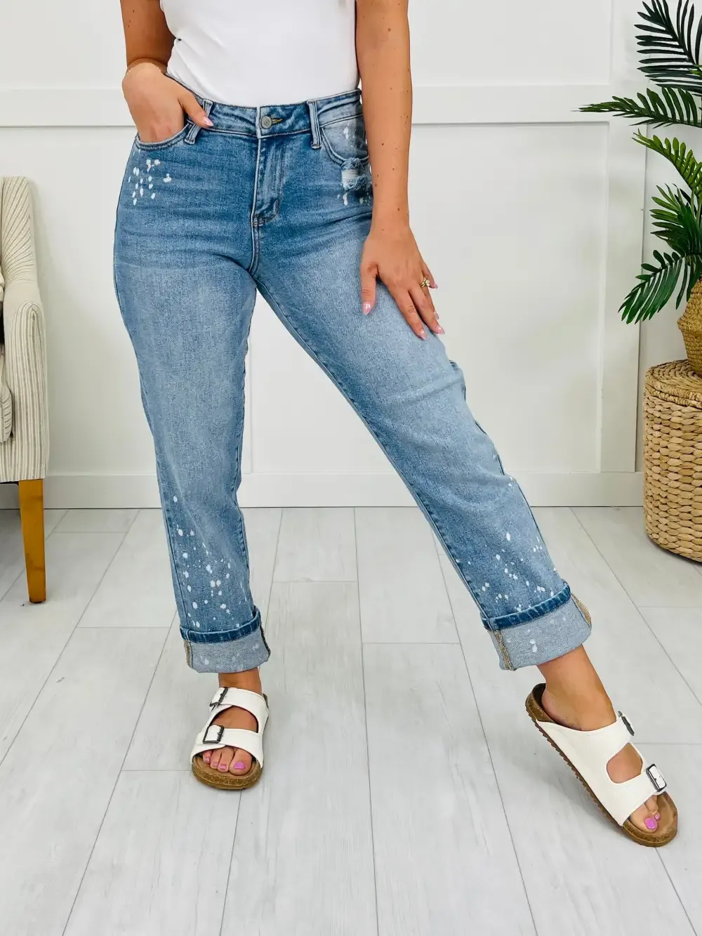 Judy Blue Confident & Carefree Bleach Splatter Boyfriend Jeans