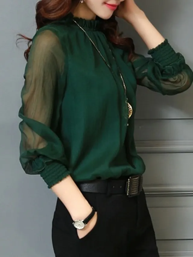 Women's Shirt Blouse Eyelet top Turtleneck shirt Wine Black White Mesh See Through Long Sleeve Office Work Business Basic Casual Regular Regular Fit Lantern Sleeve M