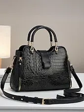 Women's Croc-Embossed Top-Handle Satchel – Structured Medium Tote Handbag with Detachable Crossbody Strap, Zip Accents & Gold Hardware for Work, Office, Travel & Everyday