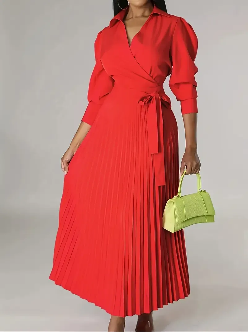 Elegant 3/4 Sleeve Solid Pleated Dress