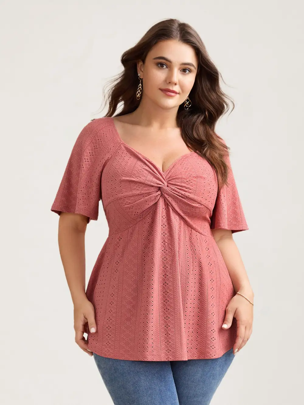 Textured Front-Twist Eyelet Trim Plain Top