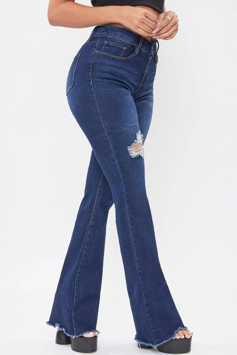 High Waist Button Flare Leg Jeans