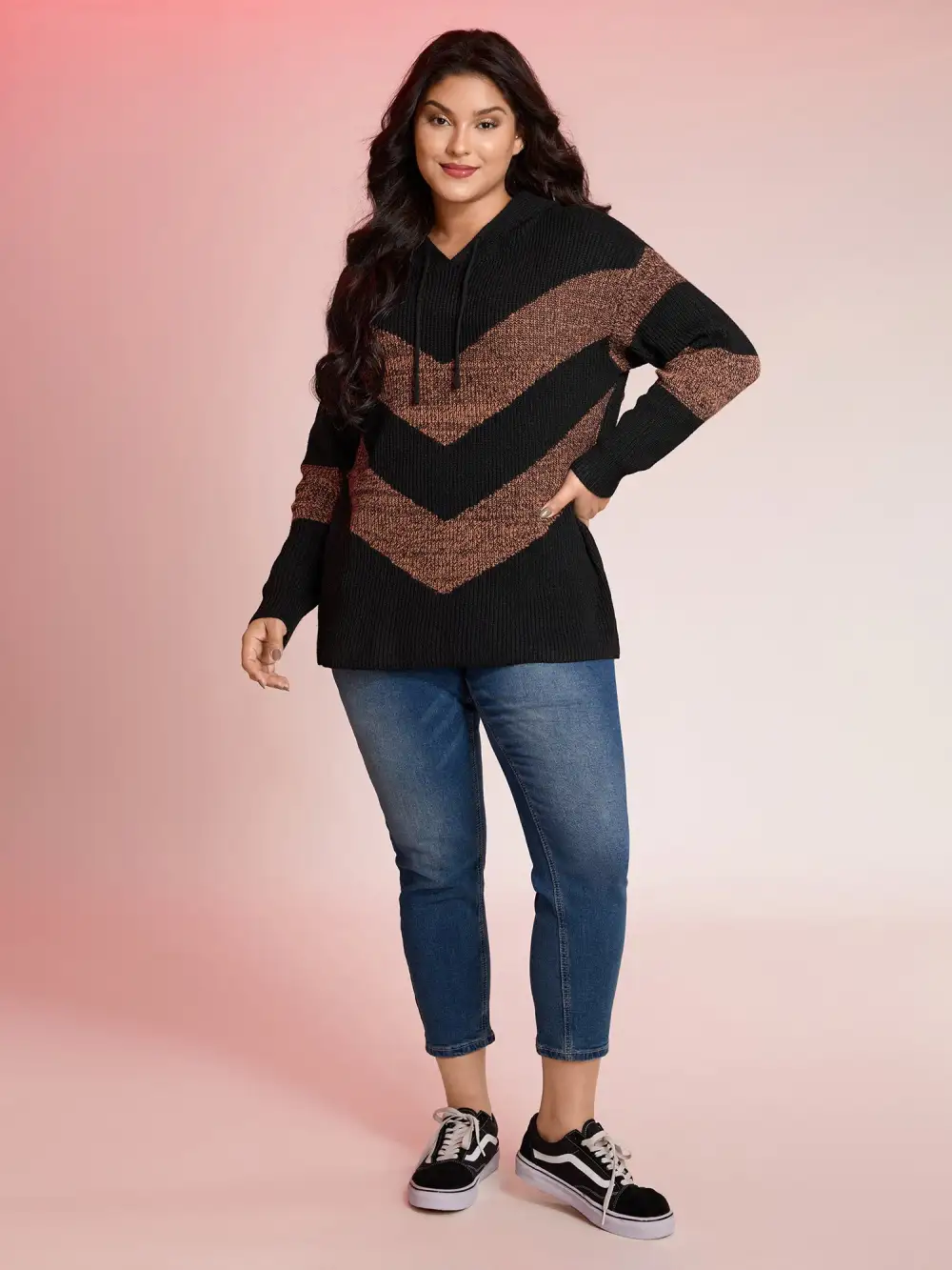 Blended Yarn Colorblock Hooded Pullover