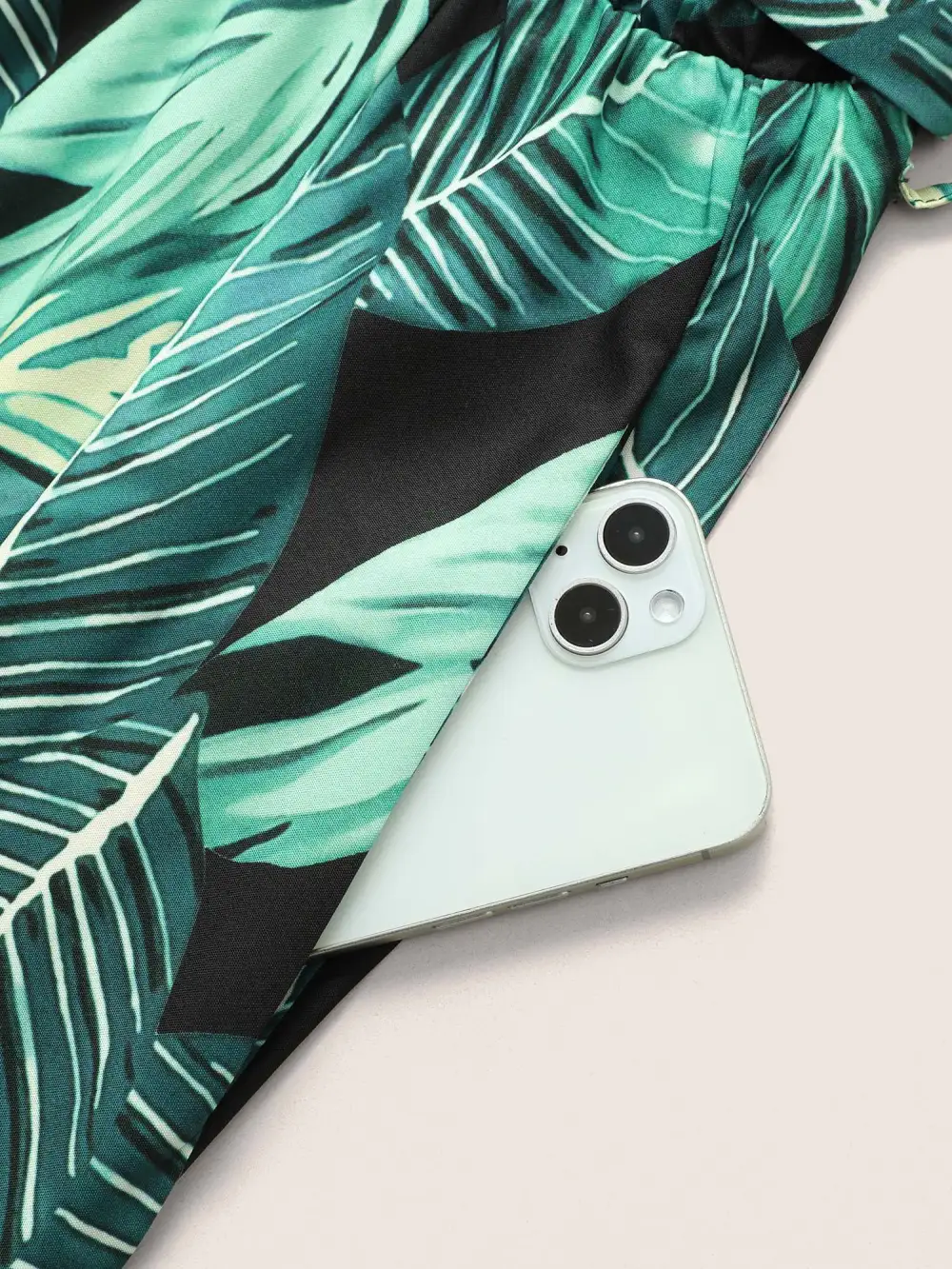 Tropical Print Knotted Pocket Ruffles Belted Halter Dress