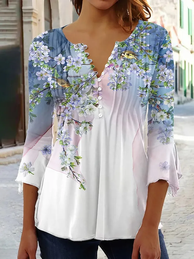 Women's Shirt Henley Shirt Blouse Floral Holiday Weekend Button Print Blue 3/4 Length Sleeve Streetwear Casual Round Neck