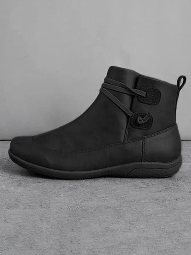Vintage Women Casual Braided Strap Breathable Lether PU Flat Heel Classic Boots