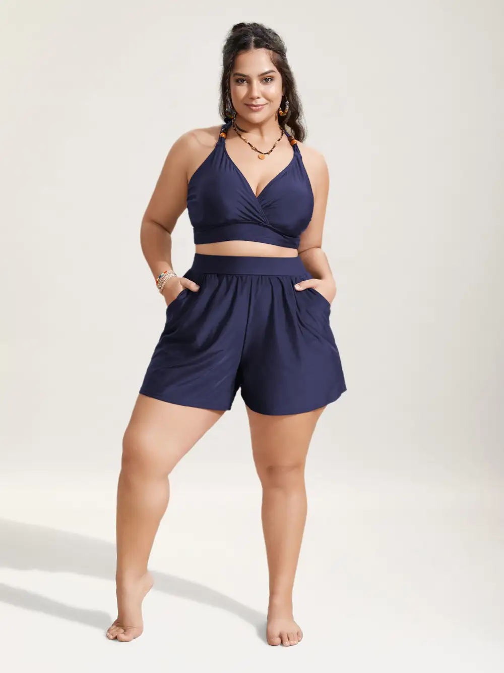 High Waisted Pockets Solid Pleated Swim Bottom