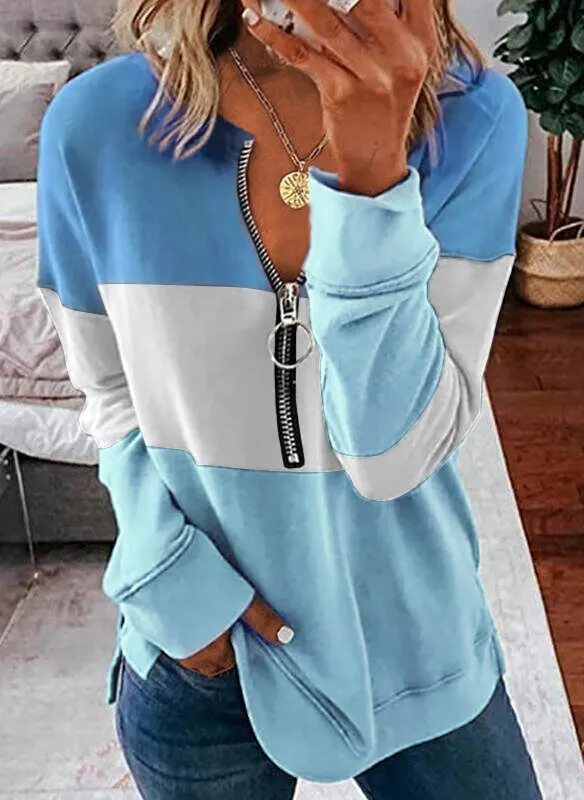 2021 new fashion color block striped V-neck long sleeve top sweatshirt