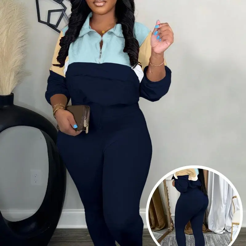 Women's Two - Piece Knit Tracksuit: Zip Jacket & Elastic Waist Pant, Pink - Blue Colorblock