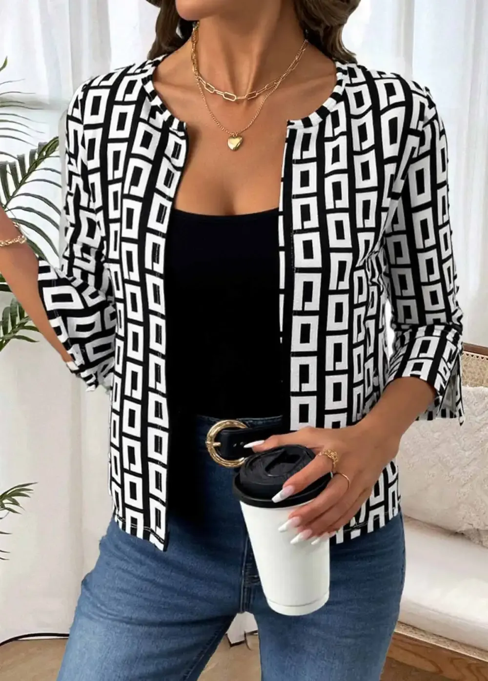 Black Geometric Print 3/4 Sleeve Coat