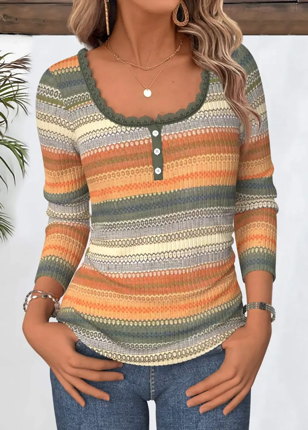 Multi Color Tummy Coverage Striped Long Sleeve T Shirt
