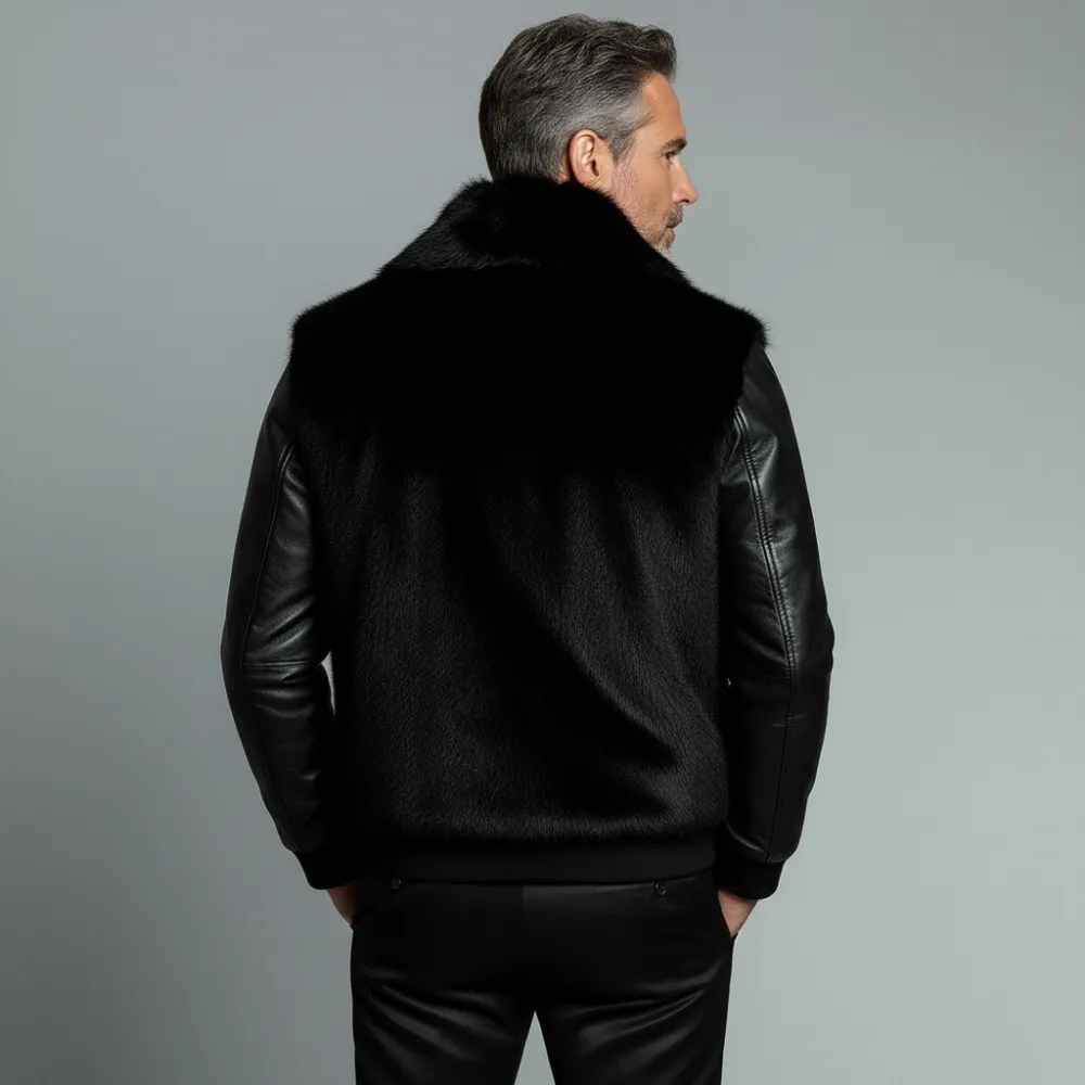 Men's Black Artificial Fur Lapel Patchwork PU Long Sleeve Zipper Jacket