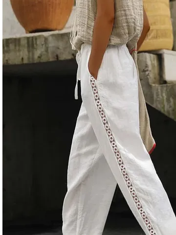 Casual Plain Lace Mesh Side Solid Drawstring Cotton Straight Cropped Pants