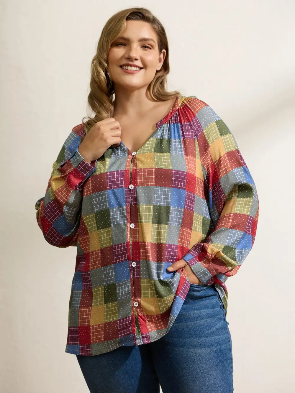 Colorful Check Print Button Relaxed-Fit Blouse