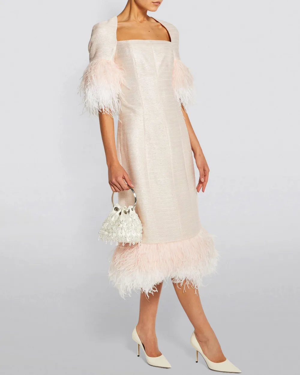 Feather Square Neck Tweed Midi Dress