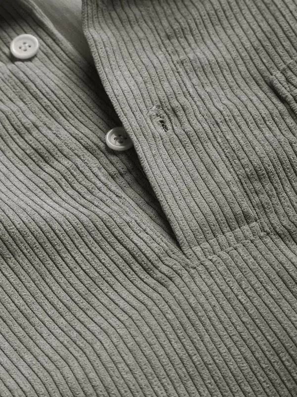 Men's Plain Pocket Half Button Corduroy Shirt, Casual Comfy Regular Fit Long Sleeve Collared Top For Fall & Winter