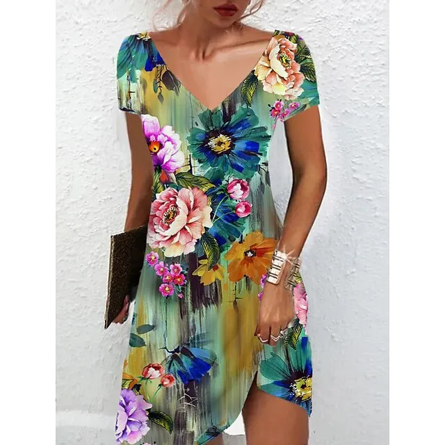 Women's Casual Dress Summer Dress Print Dress Floral Print V Neck Mini Dress Active Fashion Outdoor Daily Short Sleeve Regular Fit Black And White Olive Green Colourful Summer Spring S M L XL XXL