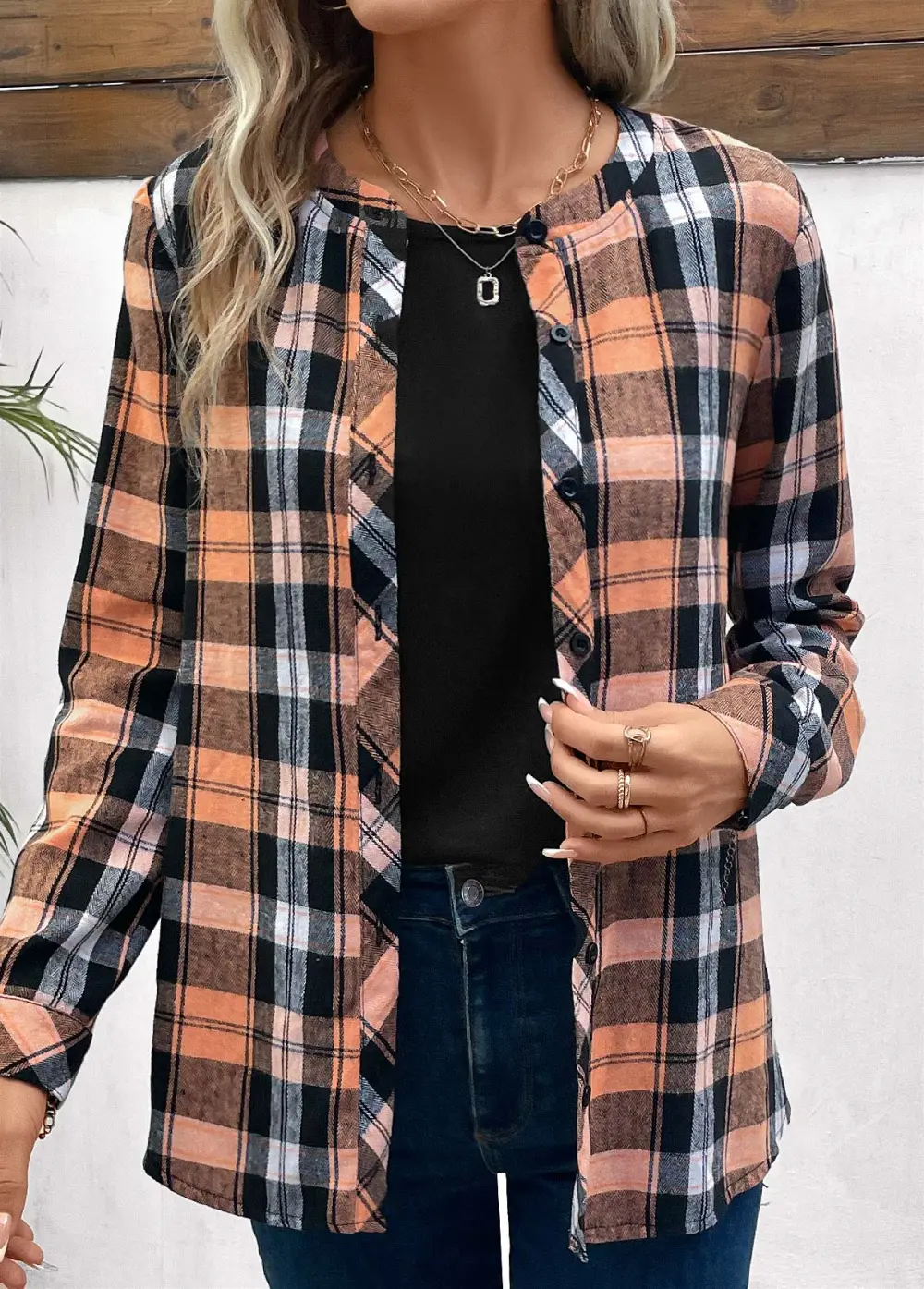 Orange Button Plaid Long Sleeve Round Neck Blouse