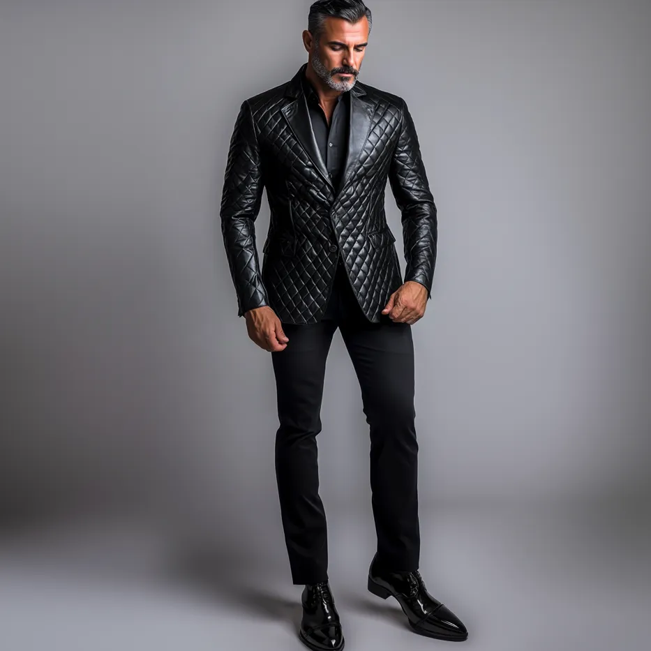 Men's PU Leather Quilted Notched Lapel Two Button Long Sleeve Blazer