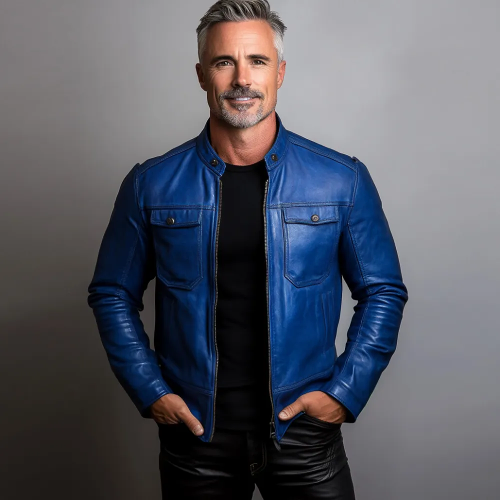 Men's Stand Collar Long Sleeve Zipper Chest Pocket PU Leather Jacket