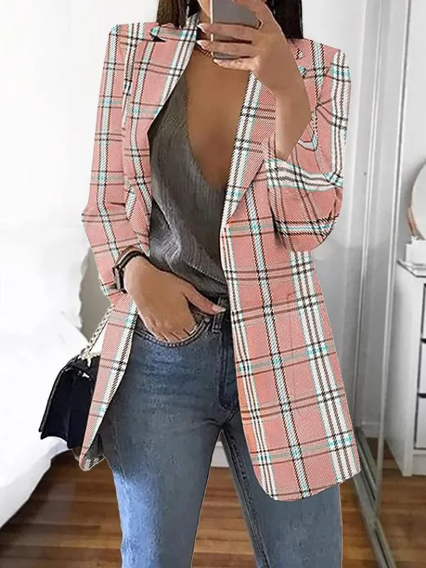 Shawl Collar Casual Plaid Polyester Cotton Blazer