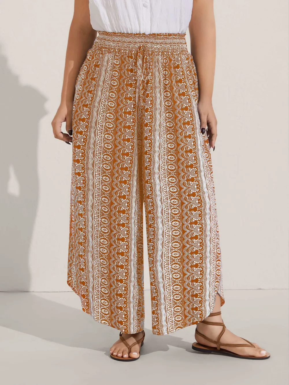 Boho Print Shirred Waist Wide-Leg Pants