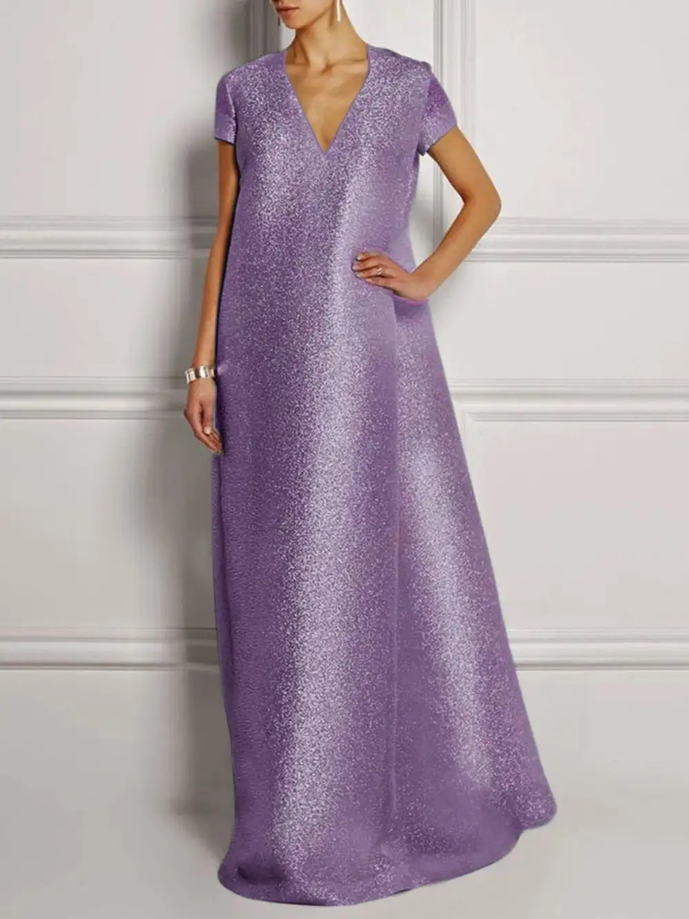 Solid Silver Shift Glitter-finished Elegant Prom Maxi Dress