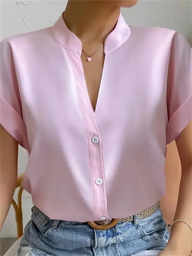 Women's Shirt Blouse Orange red Black White Plain Button Short Sleeve Work Fashion Business Elegant Standing Collar Regular Fit