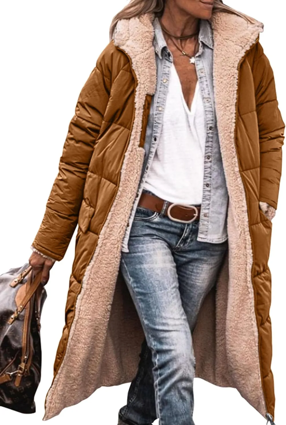 Women's Warm Winter Coats Reversible Sherpa Fleece Long Hooded Puffer Jackets Outerwear
